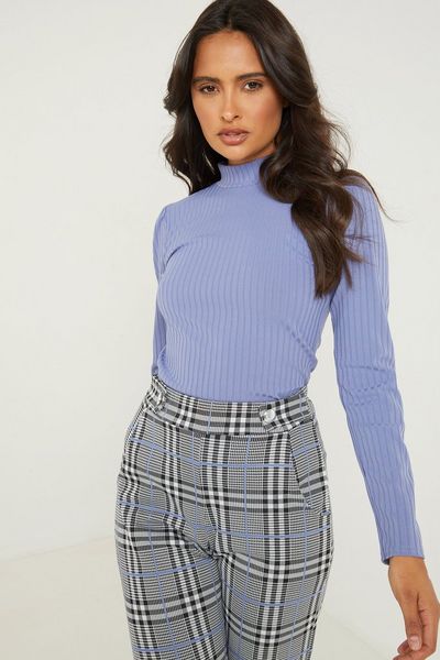 Blue Ribbed High Neck Top