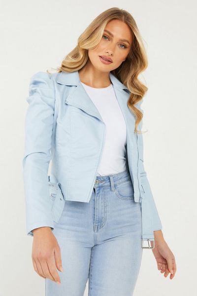 Blue Faux Leather Puff Sleeve Jacket
