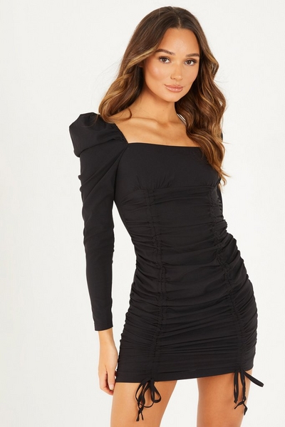 Black Long Sleeve Ruched Front Dress