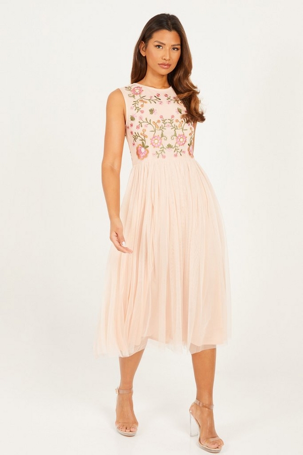 Pink Floral Embroidered Midi Dress