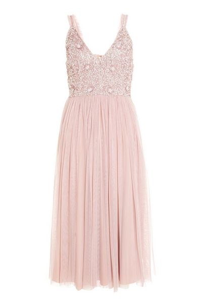Pink Sequin Strappy Midi Dress