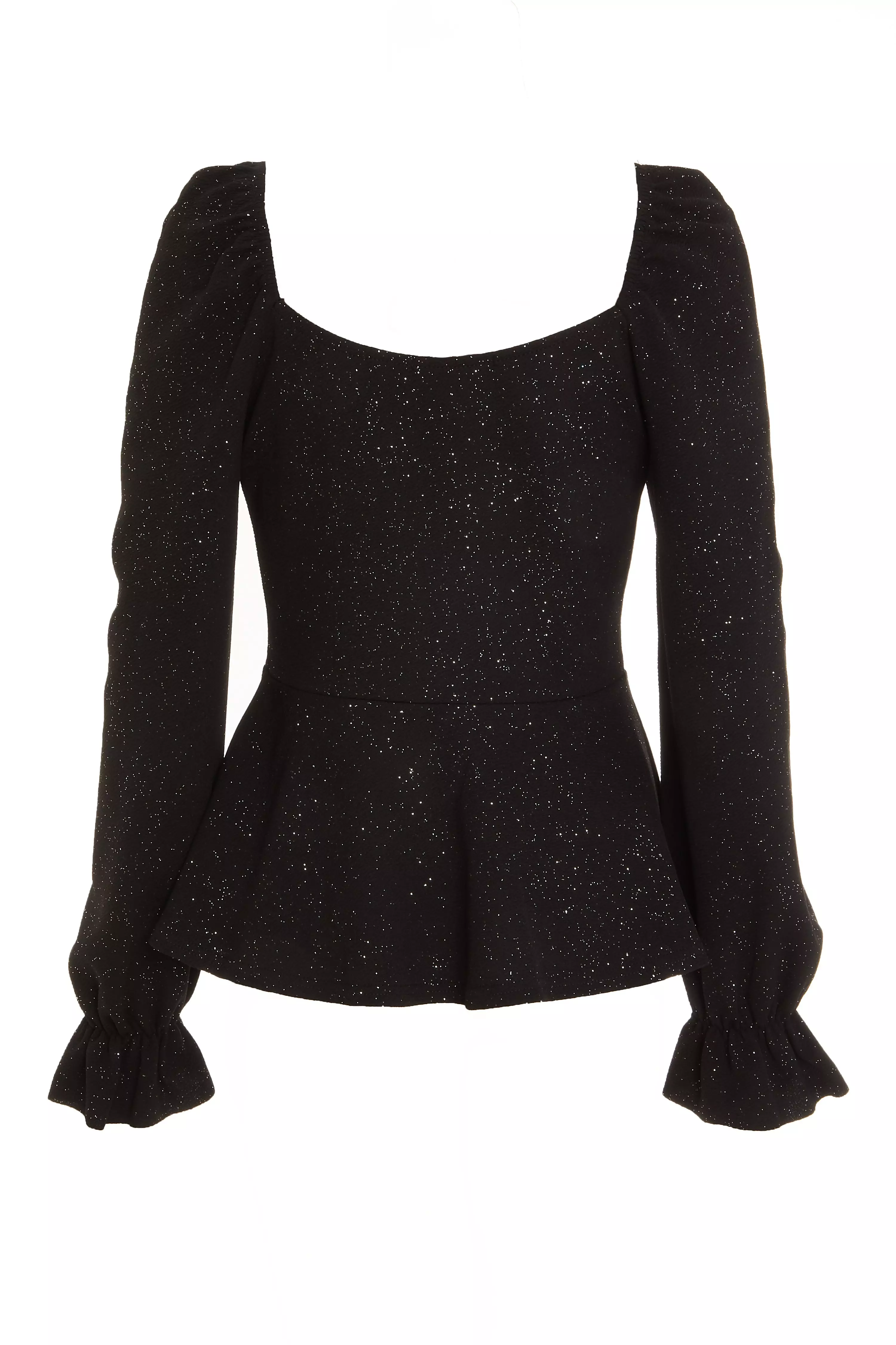 Black Glitter Tie Front Peplum Top - QUIZ Clothing