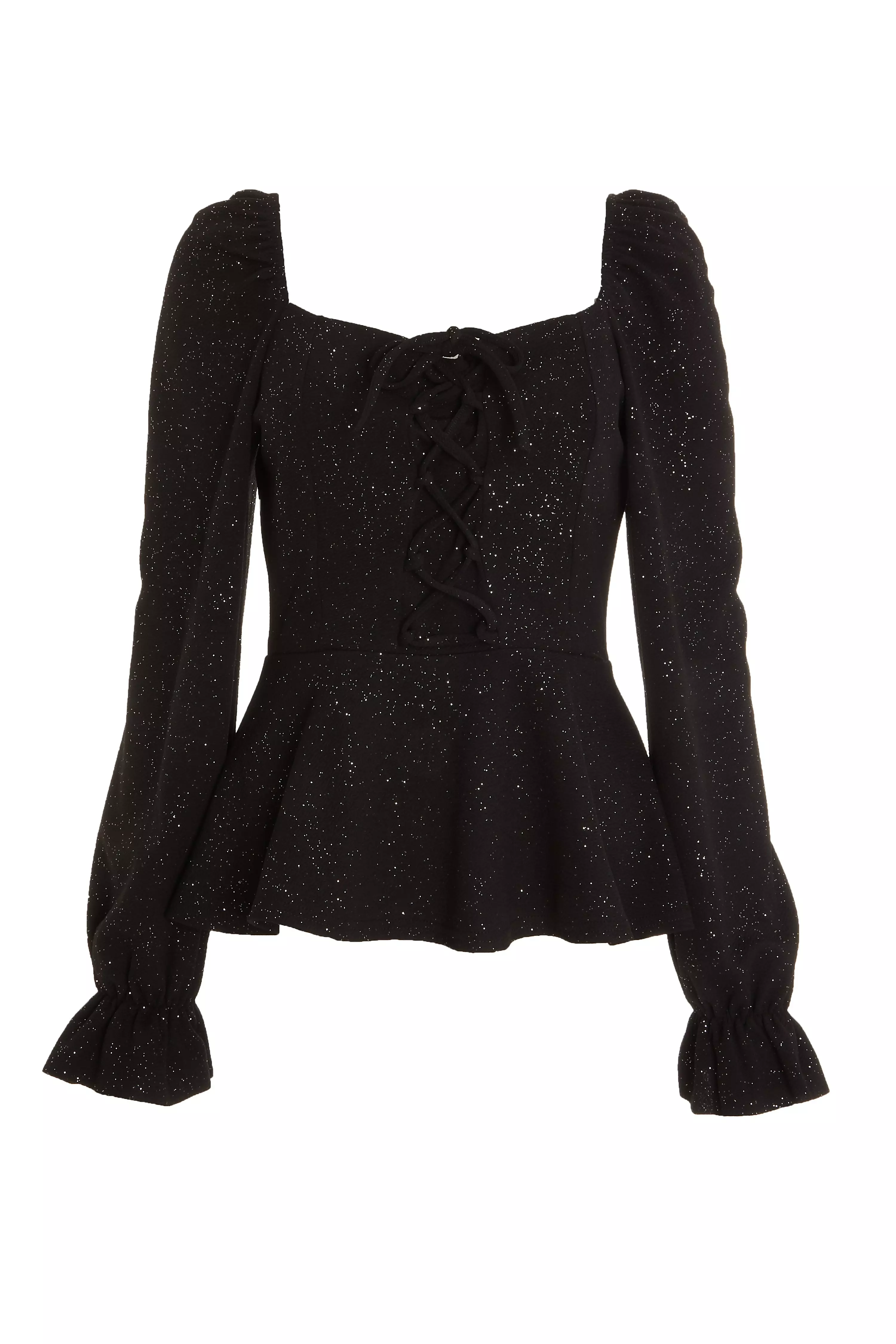 Black Glitter Tie Front Peplum Top - QUIZ Clothing