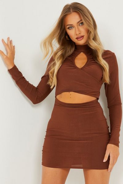 Brown Long Sleeve Cut Out Dress