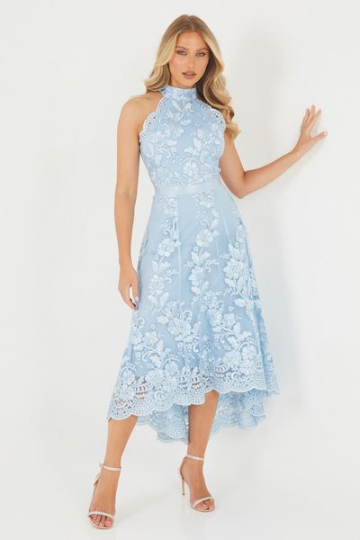 Blue Lace Dip Hem Dress