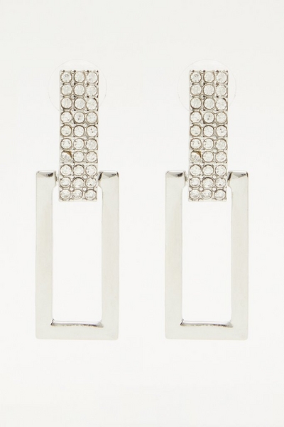 Silver Diamante Rectangle Drop Earrings