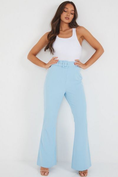 Blue Belted Flare Hem Trousers