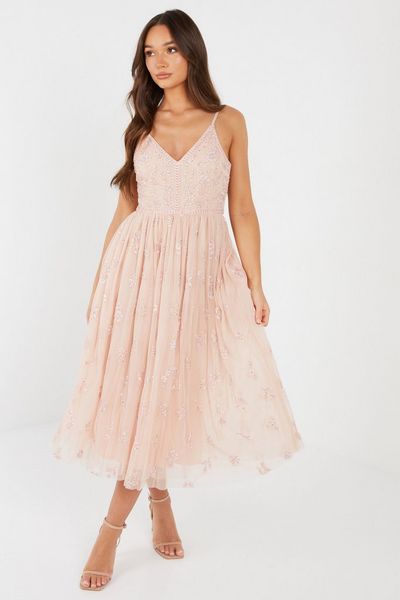 Peach Embellished Strappy Midi Dress