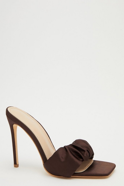 Brown Satin Ruched Heeled Sandals