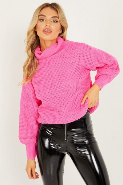 Pink Chunky Knit Roll Neck Jumper