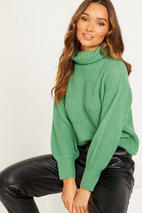 Green Chunky Knit Roll Neck Jumper