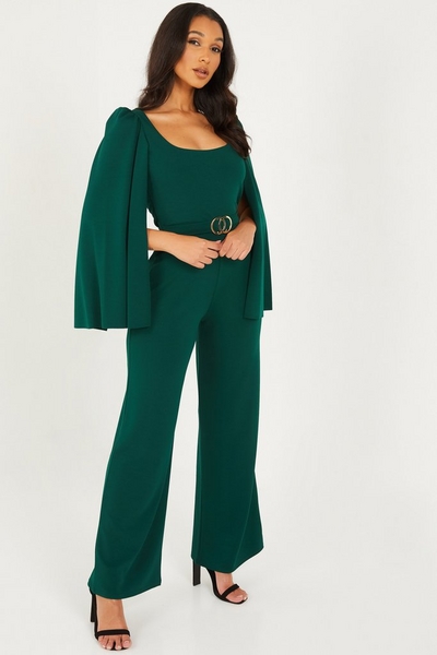 Green Cape Sleeve Palazzo Jumpsuit