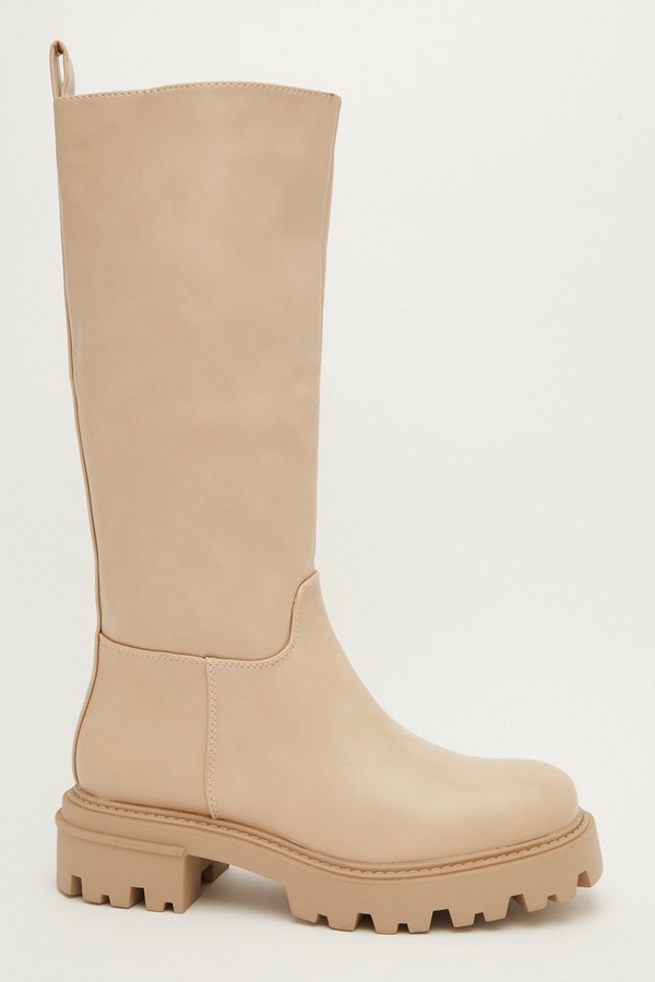 Stone Faux Leather Knee High Chunky Boot