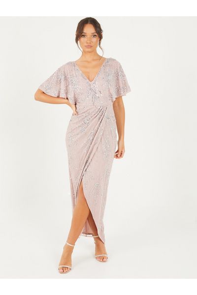 Pink Sequin Wrap Midi Dress