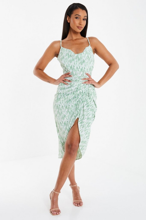 Green Stripe Print Ruched Midi Dress