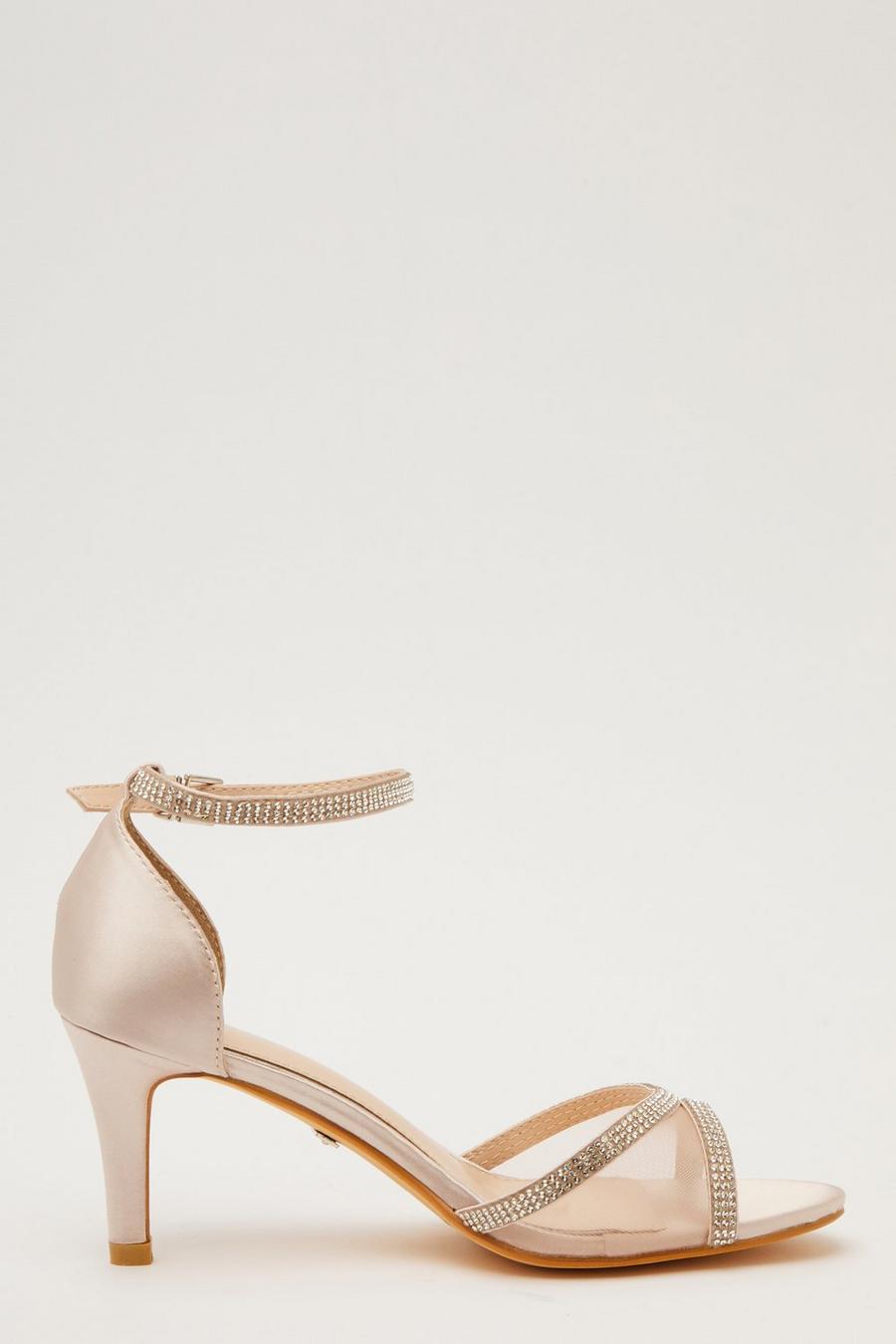 Champagne Satin Mesh Front Heeled Sandals - Quiz Clothing