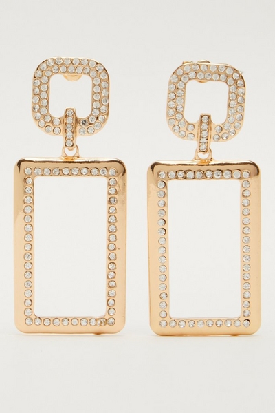 Gold Diamante Rectangle Drop Earrings