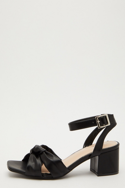 Black Faux Leather Knot Heeled Sandals