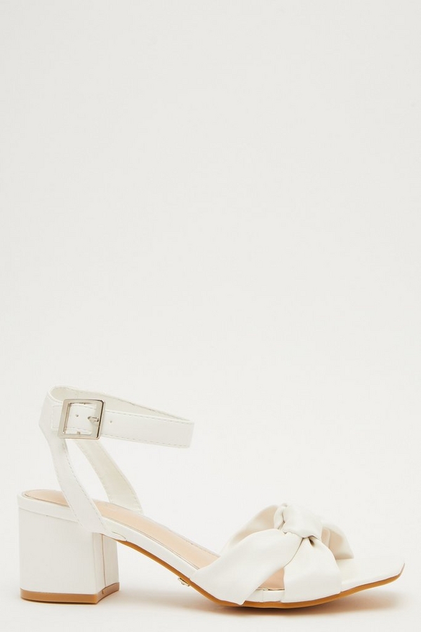 White Faux Leather Knot Heeled Sandals