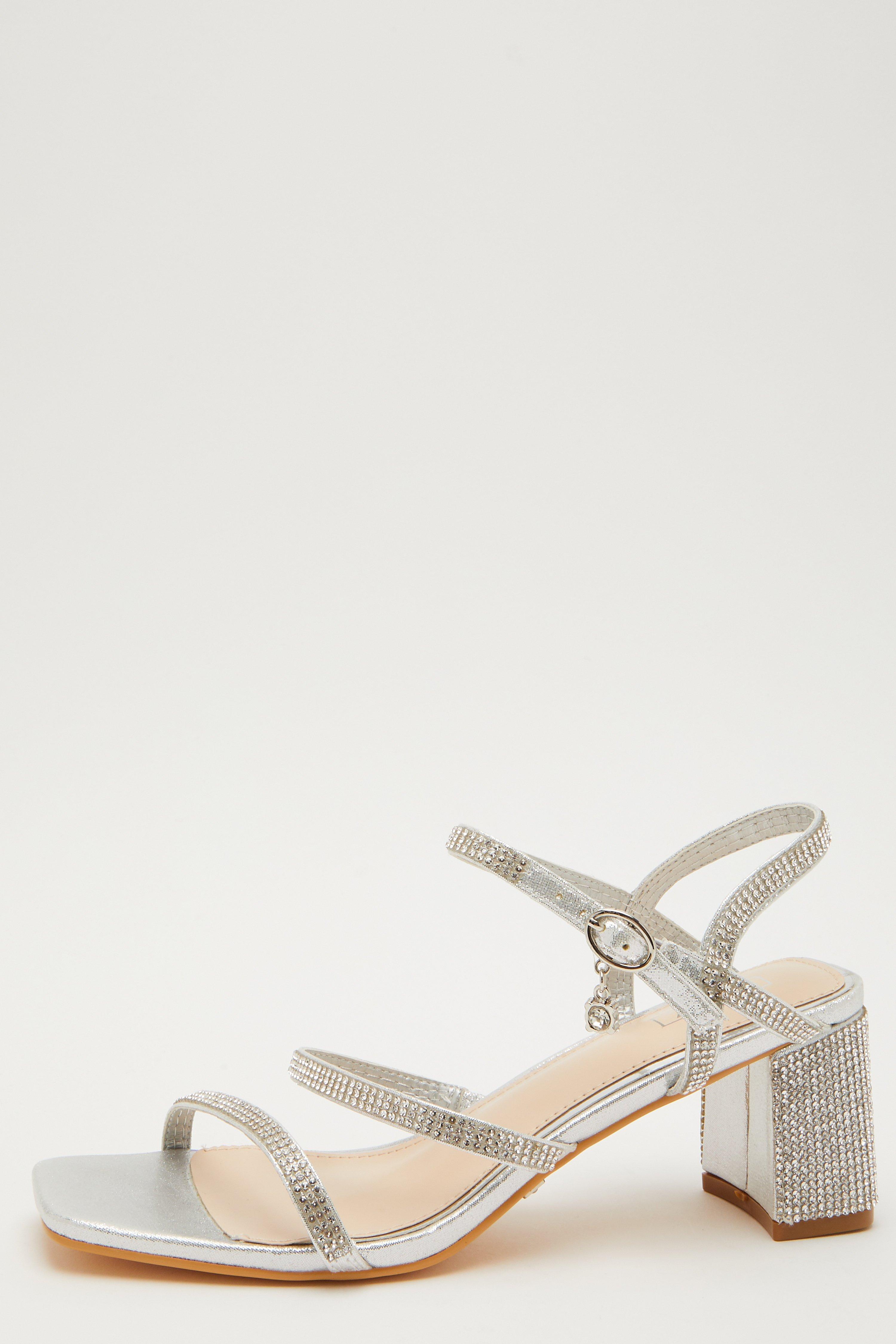 quiz silver diamante mid heel sandals
