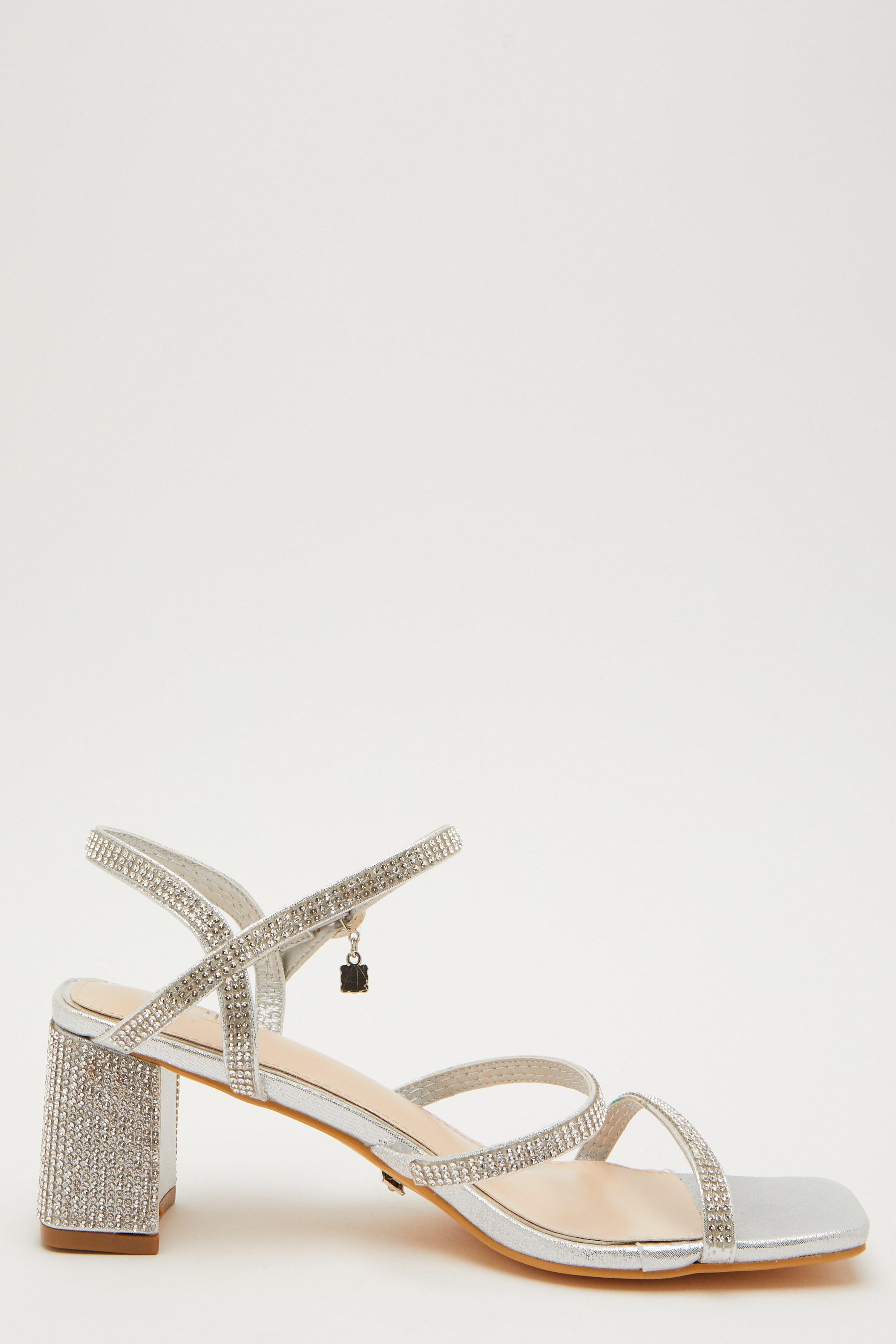 quiz silver diamante mid heel sandals