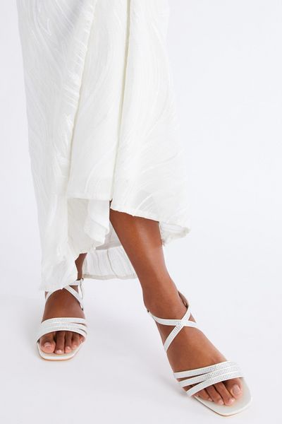 Bridal White Diamante Strappy Flat Sandals