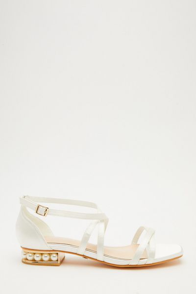 White Satin Pearl Flat Sandals