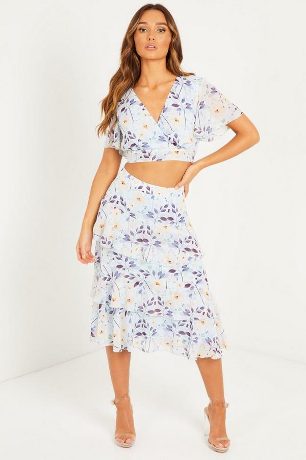 Blue/Pink Floral Chiff Wrap Frill Sleeves Crop Top