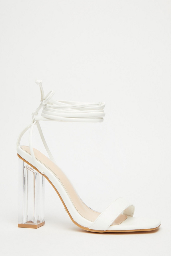 White Clear Ankle Tie Heeled Sandals