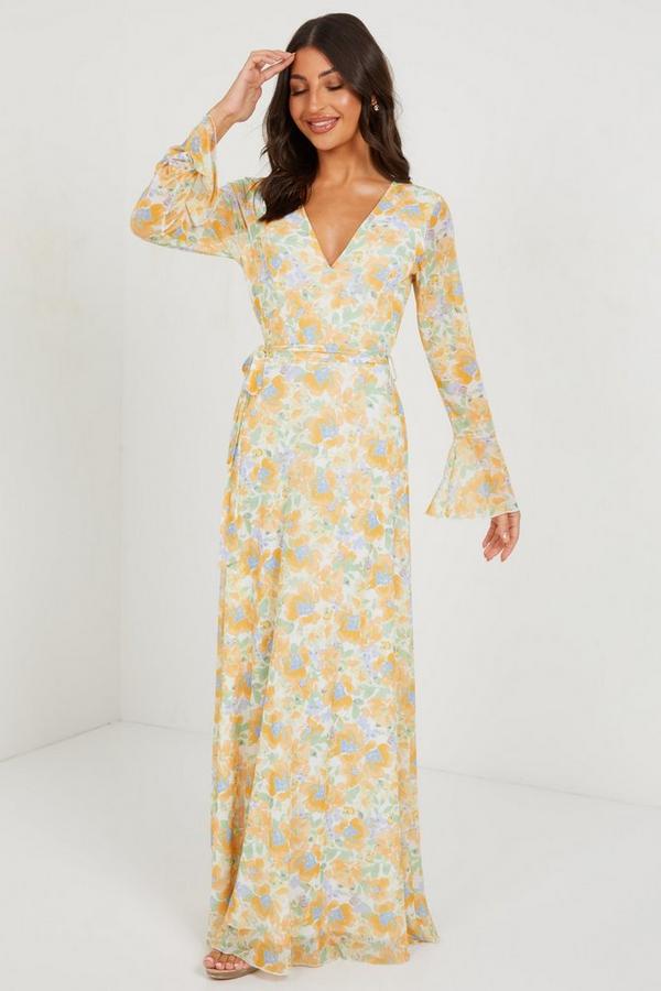 Yellow/Blue/Cream Mesh Floral Print Long Sleeves Maxi Dress