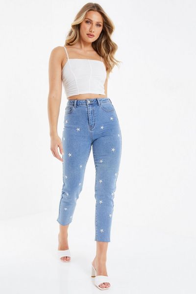 Blue Denim Daisy Embroidered Mom Jeans