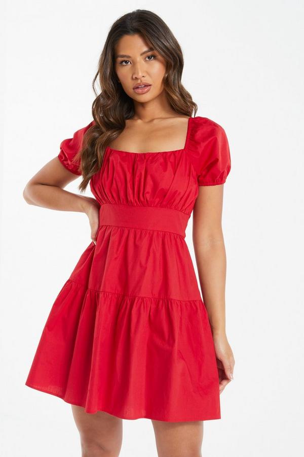 Red Poplin Tie Back Tiered Dress