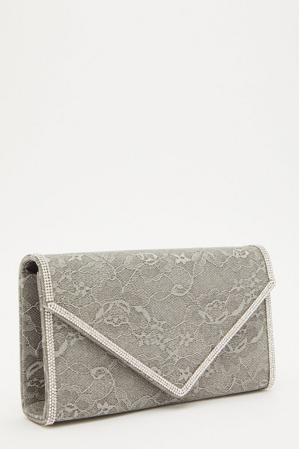 Grey Lace Diamante Bag