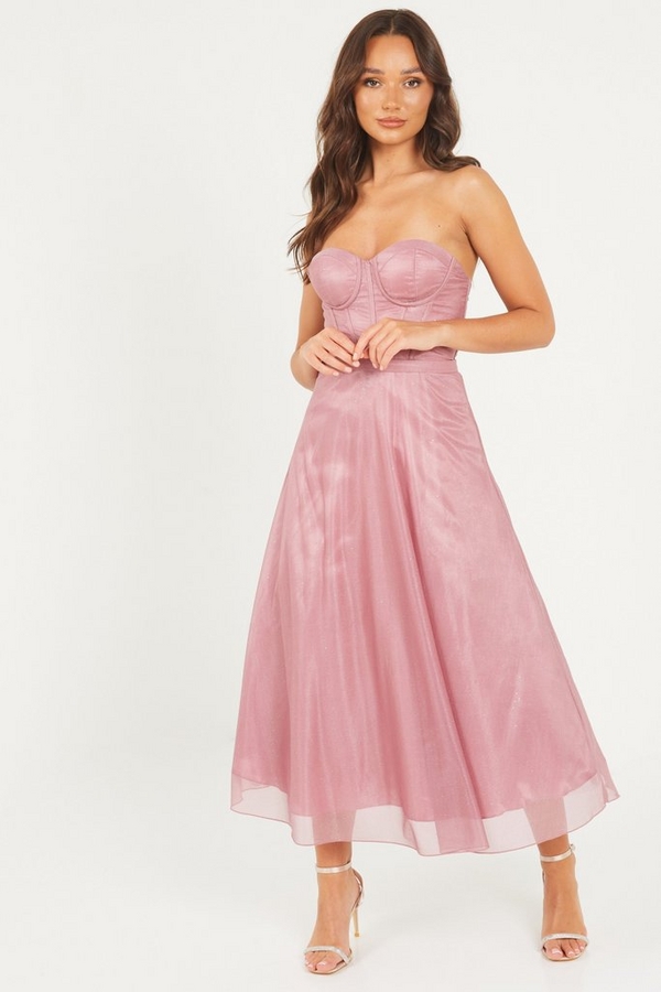 Pink Glitter Strapless Midi Dress