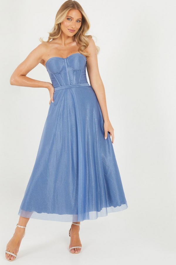 Blue Glitter Strapless Midi Dress