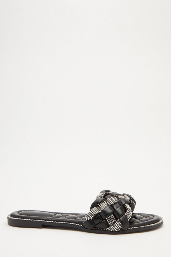 Black Faux Leather Woven Mule Sandals