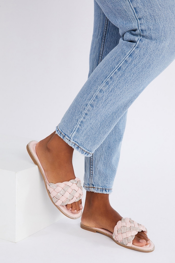 Pink Faux Leather Woven Mule Sandals