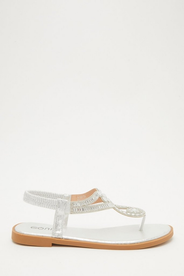 Silver Embellished T-Bar Flat Sandals