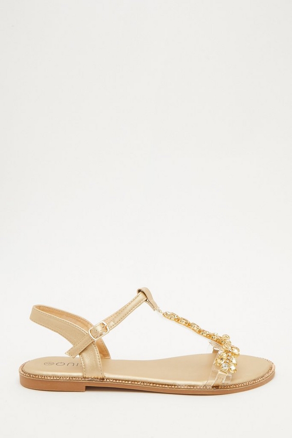 Gold Embellished T-Bar Flat Sandals