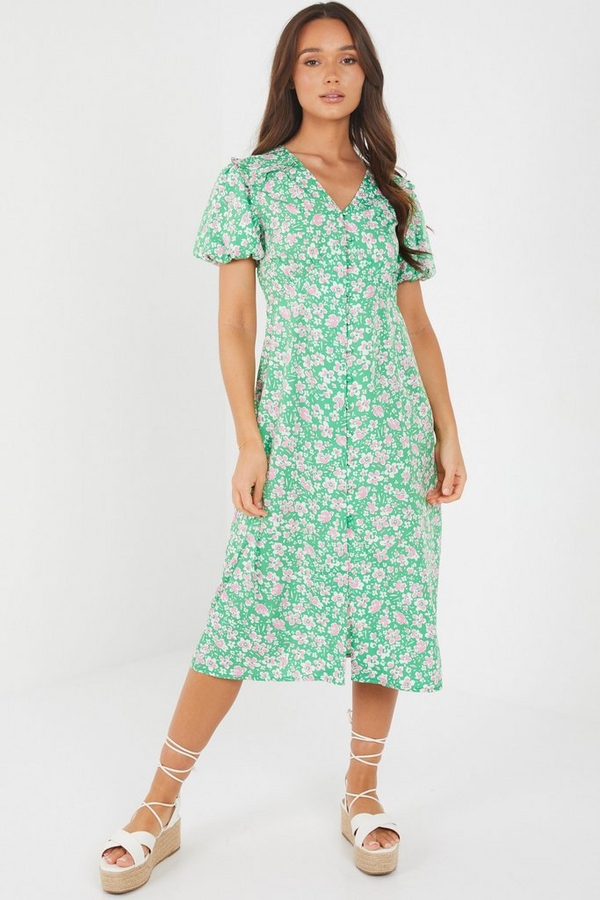 Green Floral Puff Sleeve Midi Dress