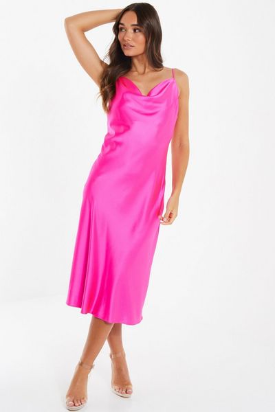 Hot Pink Satin Slip Midi Dress