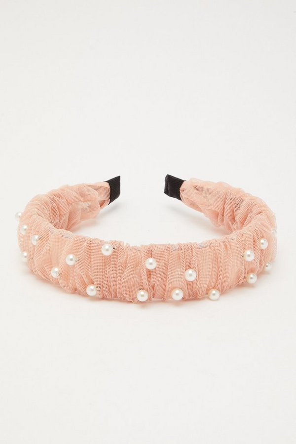 Pink Ruched Pearl Headband