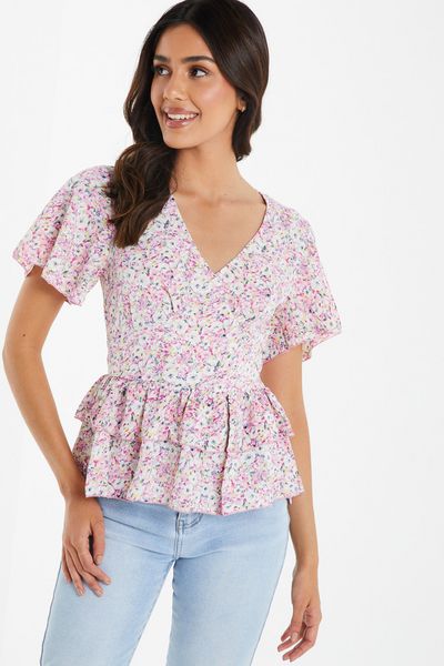 Pink Ditsy Floral Peplum Frill Top