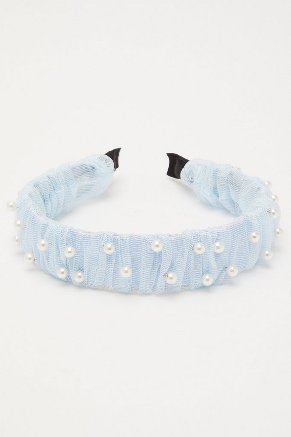 Blue Ruched Pearl Headband