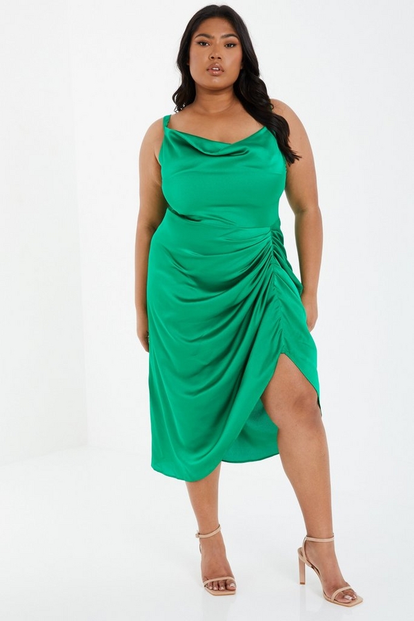 Curve Green Satin Ruched Midi Dress