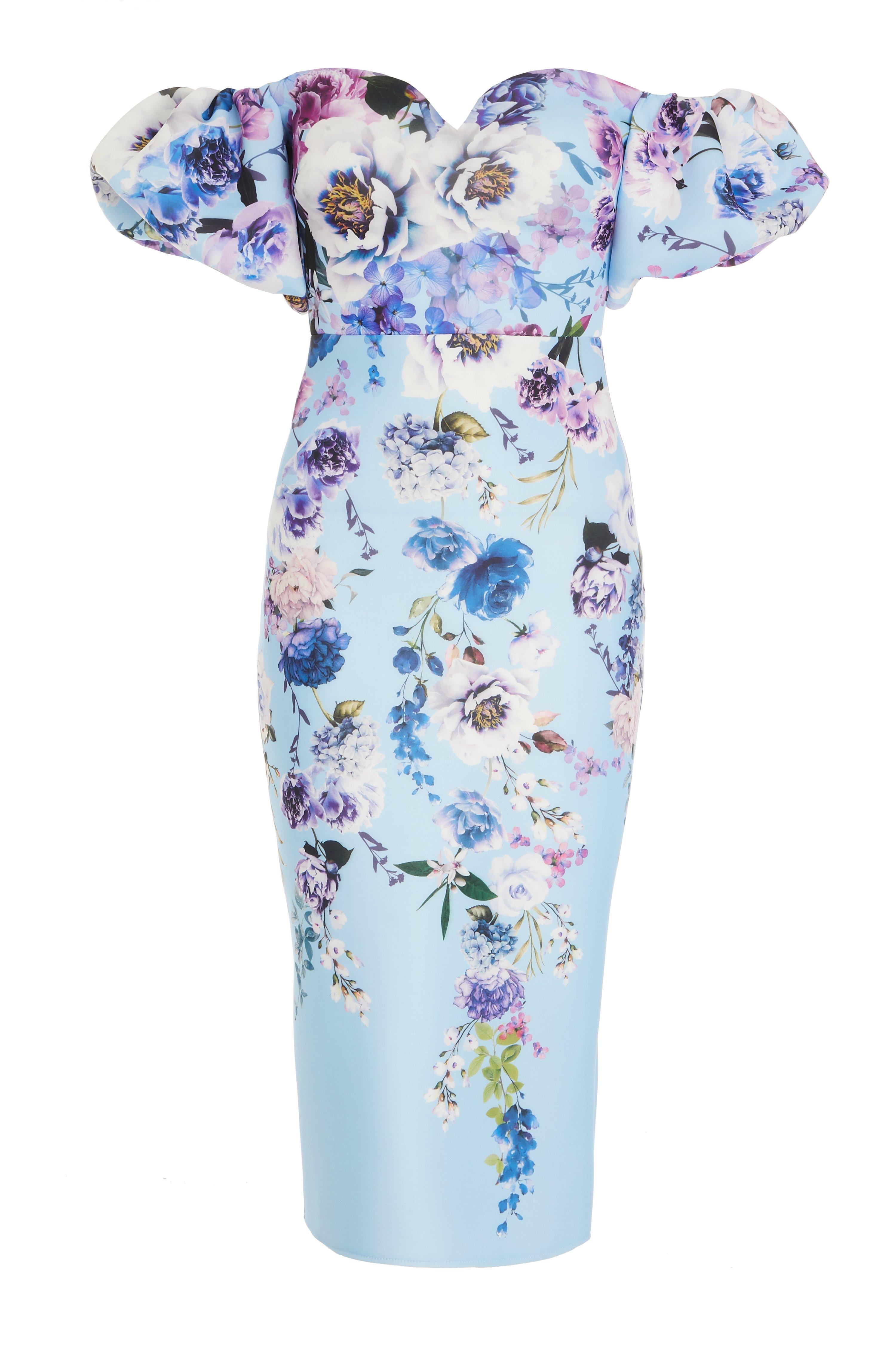 Blue Floral Print Bardot Midi Dress - Quiz Clothing