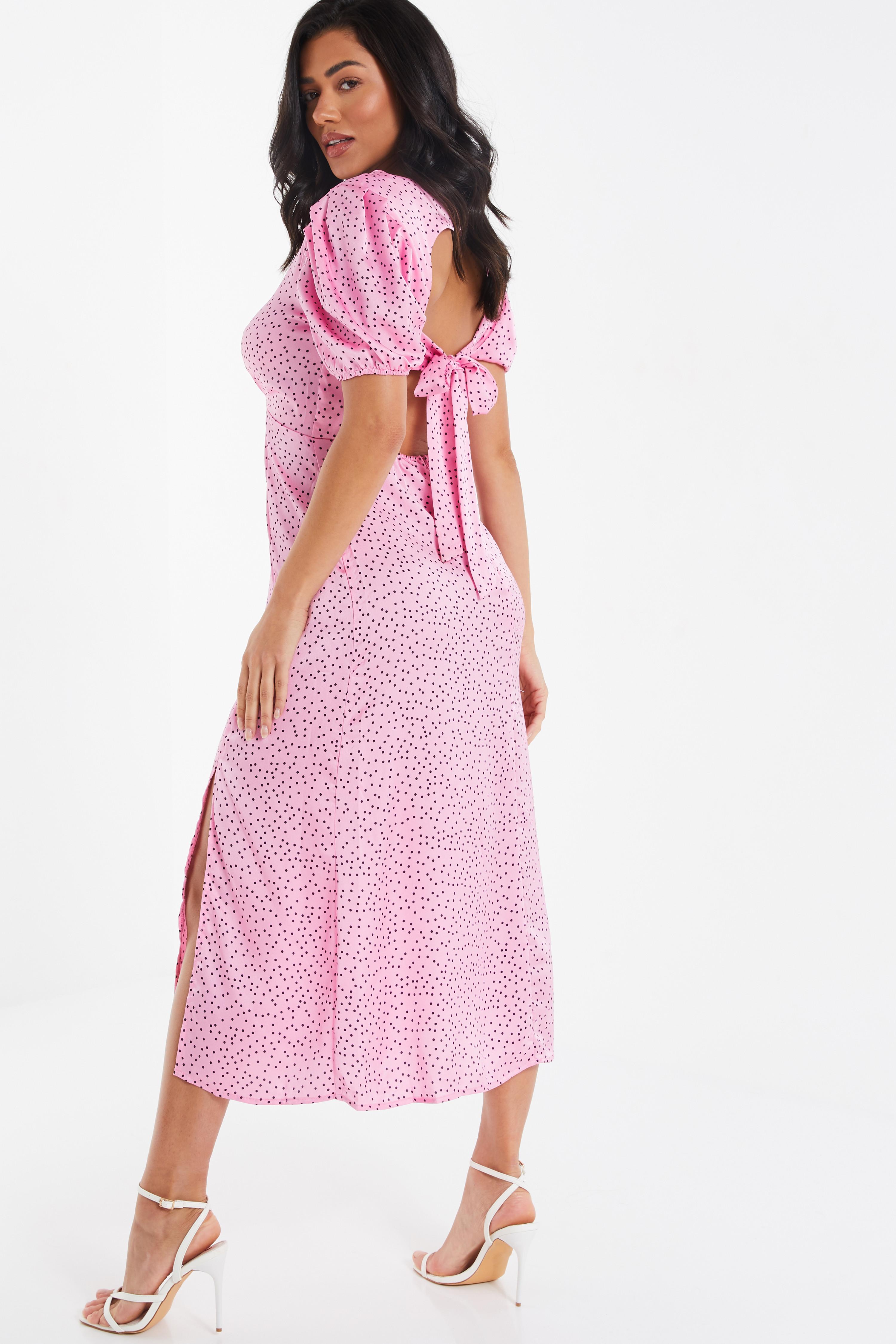 pink dress with white dots