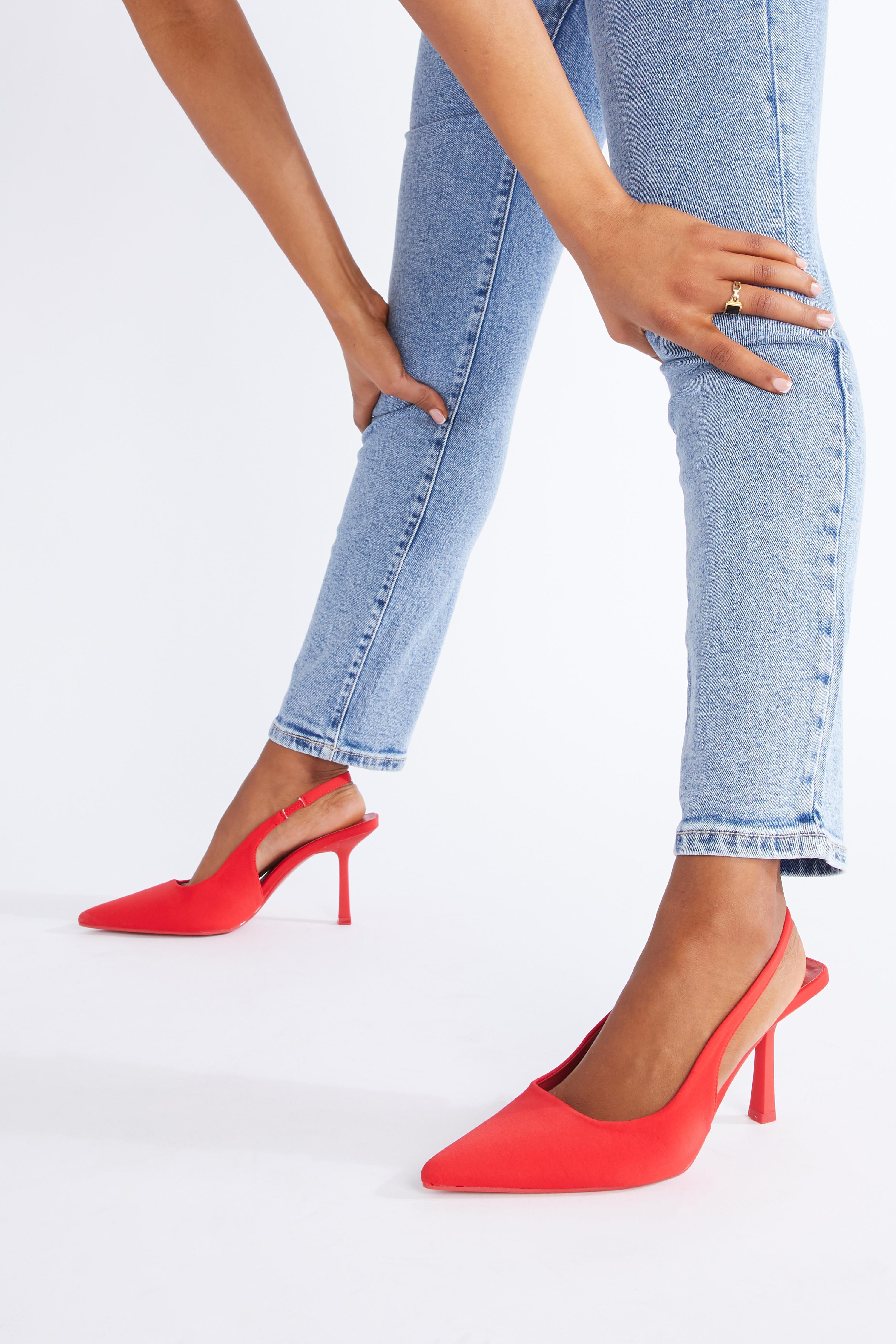 red satin court shoes