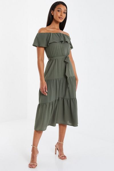 Khaki Bardot Midi Dress