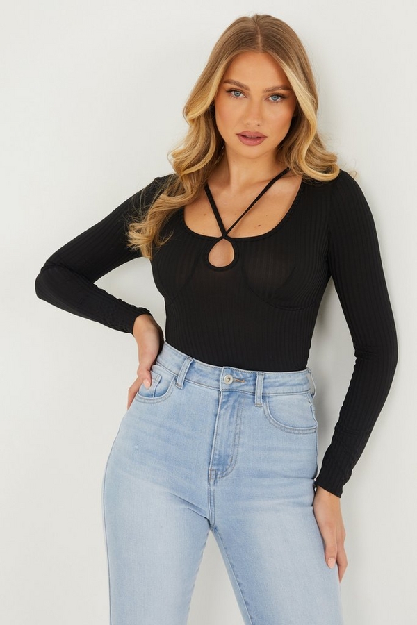 Black Ribbed Cross Over Top